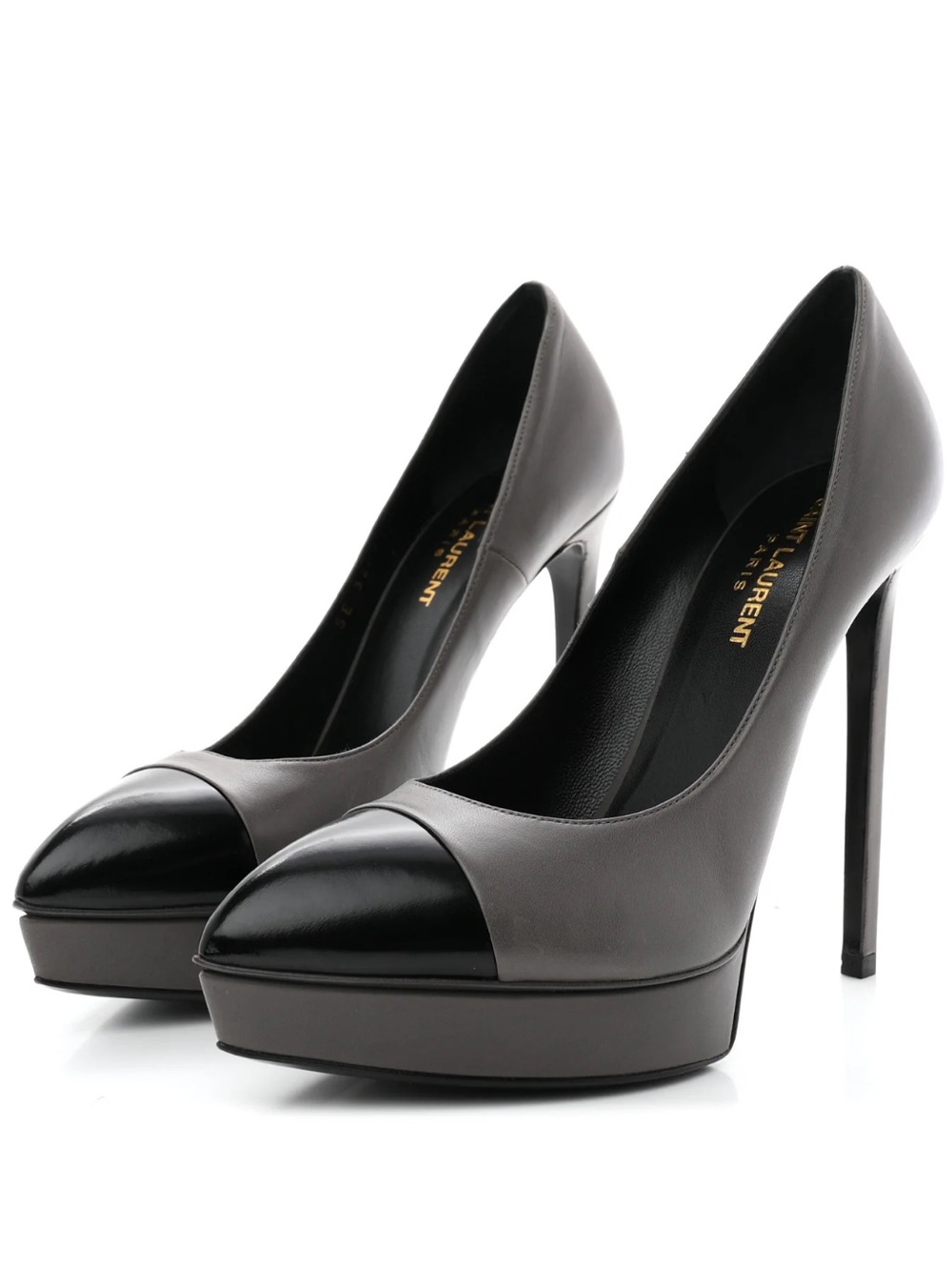 Saint Laurent Janis Gray and Black Leather Cap-Toe Platform Pumps